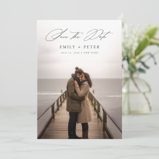 Moderne minimale script foto trouwkaart Save The D Kaart (Staand voorkant)