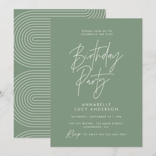 Moderne minimale script geometrische groene verjaa kaart (Voorkant / Achterkant)