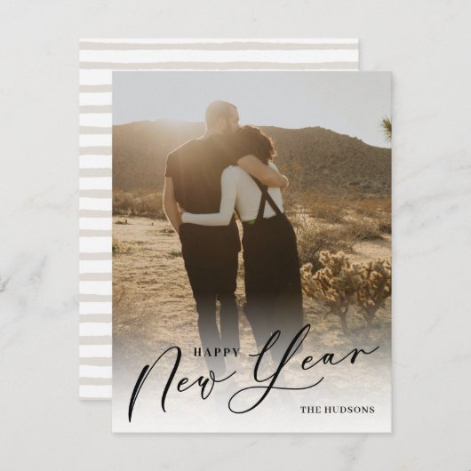 Moderne, minimale scripts Happy New Year Photo Hol Feestdagenkaart (Voorkant / Achterkant)
