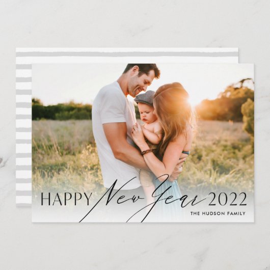 Moderne, minimale scripts Happy New Year Photo Hol Feestdagenkaart (Voorkant / Achterkant)