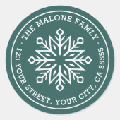 Moderne minimale sneeuwvlok dennengroen retouradre ronde sticker (Voorkant)