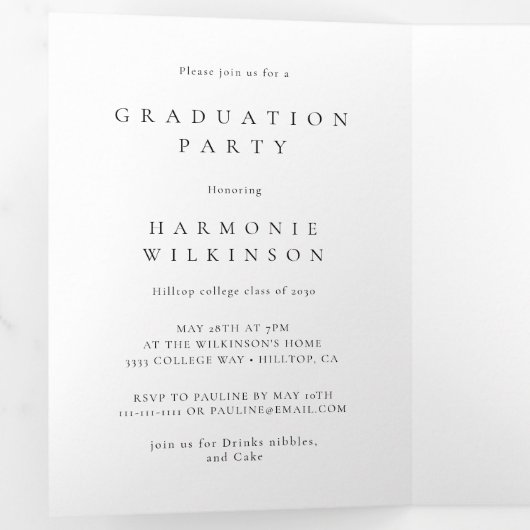 Moderne minimale stijlvolle foto college afstudere drieluik uitnodiging (Binnenzijde eerst)