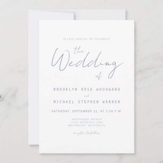 Moderne minimale stoffige blauwe script bruiloft u kaart (Voorkant)