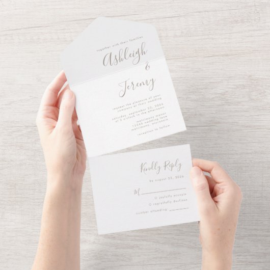 Moderne minimale Taupe Script bruiloft All In One Uitnodiging (Afscheurbaar)