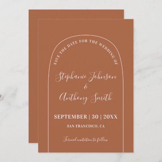 Moderne minimale Terracotta en witte Arch Save The Date (Voorkant / Achterkant)