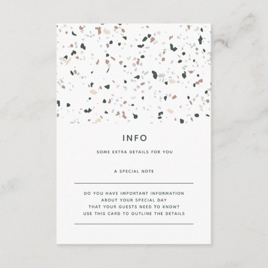 Moderne minimale Terrazzo groen roze bruiloft deta Informatiekaartje (Voorkant)