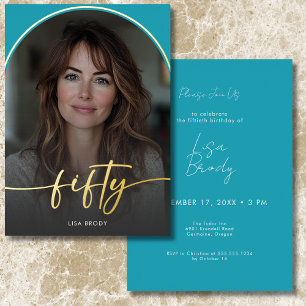 Moderne minimale turquoise boog 50e verjaardag folie uitnodiging