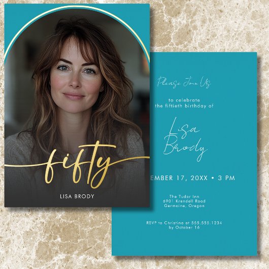 Moderne minimale turquoise boog 50e verjaardag folie uitnodiging