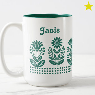 Moderne Minimale Turquoise Volkskunst Bloemen Aang Tweekleurige Koffiemok