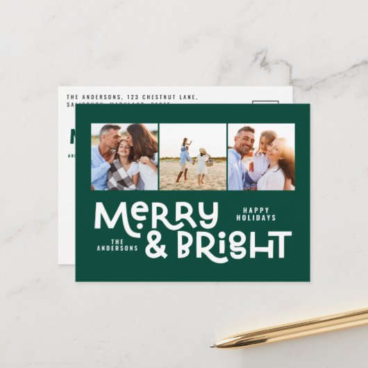 Moderne, minimale typografie 3 foto-kerstplezier H Feestdagenkaart (Voorkant / Achterkant in situ)