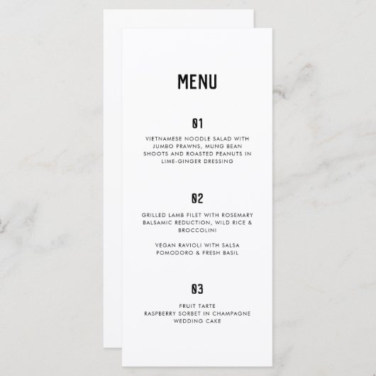 Moderne minimale Typografie Black White Wedding Menu (Voorkant / Achterkant)