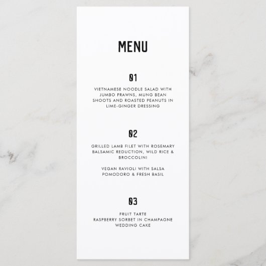Moderne minimale Typografie Black White Wedding Menu (Voorkant)