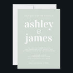 Moderne minimale typografie Pastel Groene bruiloft Kaart<br><div class="desc">Minimale, moderne en elegante huwelijksuitnodiging met een witte stijlvolle typografie op een melkachtig groene achtergrond. Voeg gewoon uw trouwgegevens toe. Exclusief voor u ontworpen door Happy Dolphin Studio. Als u hulp of overeenkomende producten nodig hebt, neem dan contact met ons op via onze winkelchat. We helpen je graag om van...</div>