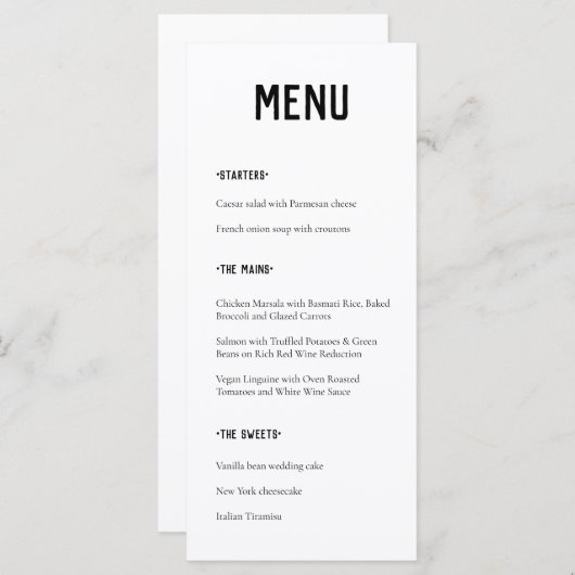 Moderne minimale Typografie Wedding Menu (Voorkant / Achterkant)