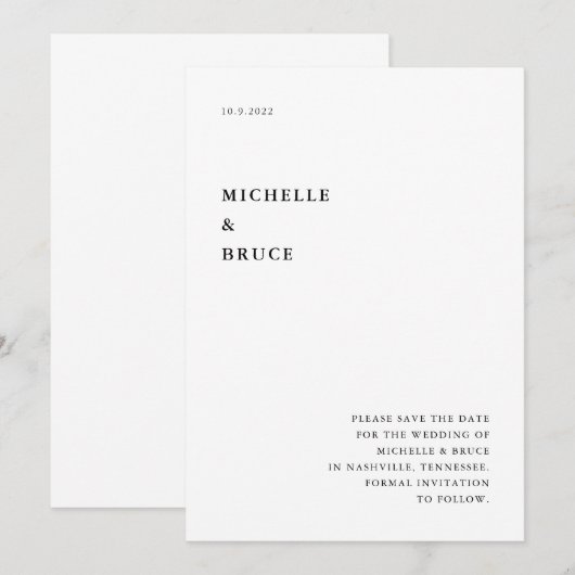Moderne Minimale Typografie Zwart-wit Bruiloft Save The Date (Voorkant / Achterkant)