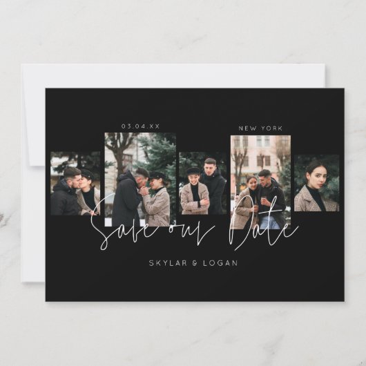 Moderne minimale Typografische Foto Collage Black Save The Date (Voorkant)
