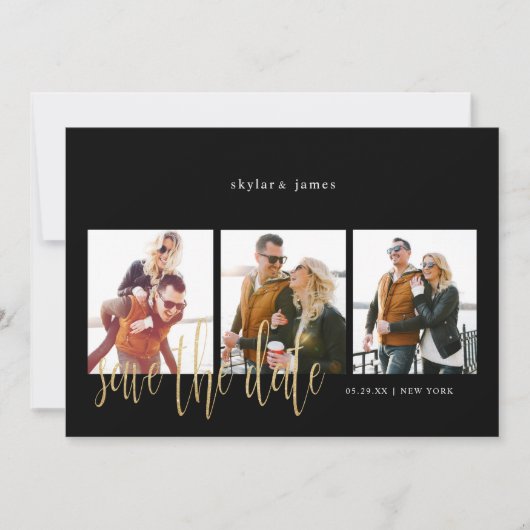 Moderne minimale Typografische Foto Collage Black Save The Date (Voorkant)