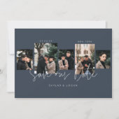 Moderne minimale Typografische Foto Collage Blue Save The Date (Voorkant)