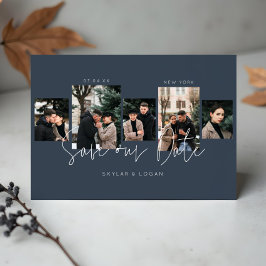 Moderne minimale Typografische Foto Collage Blue Save The Date
