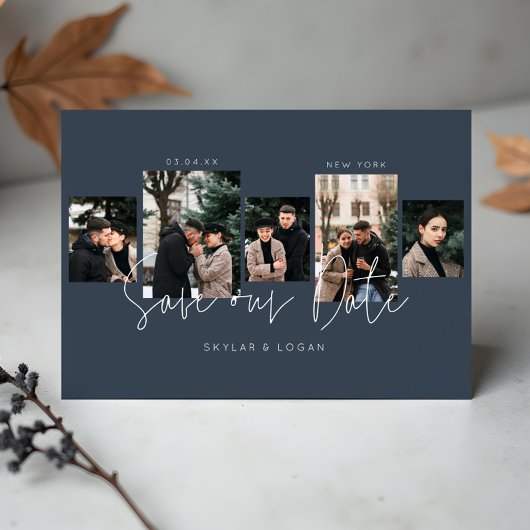 Moderne minimale Typografische Foto Collage Blue Save The Date