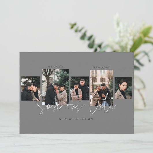 Moderne minimale Typografische Foto Collage Gray Save The Date (Staand voorkant)
