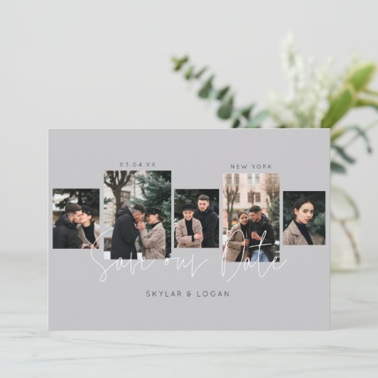 Moderne minimale Typografische Foto Collage Gray Save The Date (Staand voorkant)