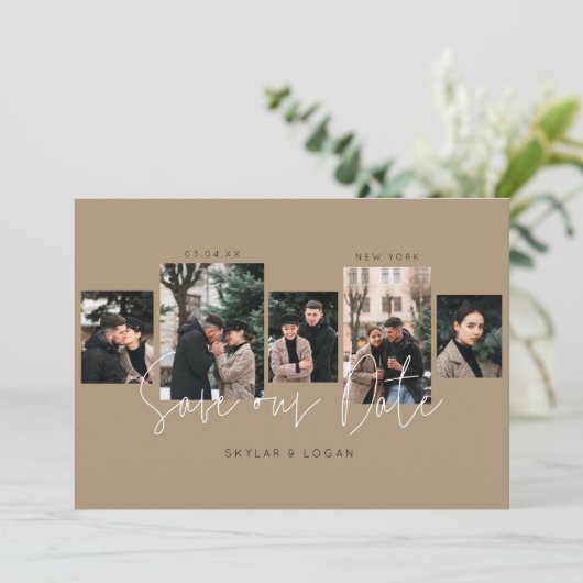 Moderne minimale Typografische Foto Collage Tan Save The Date (Staand voorkant)