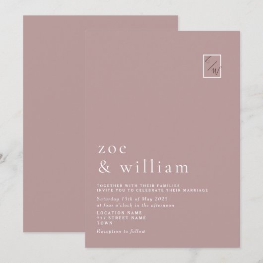 Moderne minimale uitnodiging voor Roos-huwelijk (Voorkant / Achterkant)