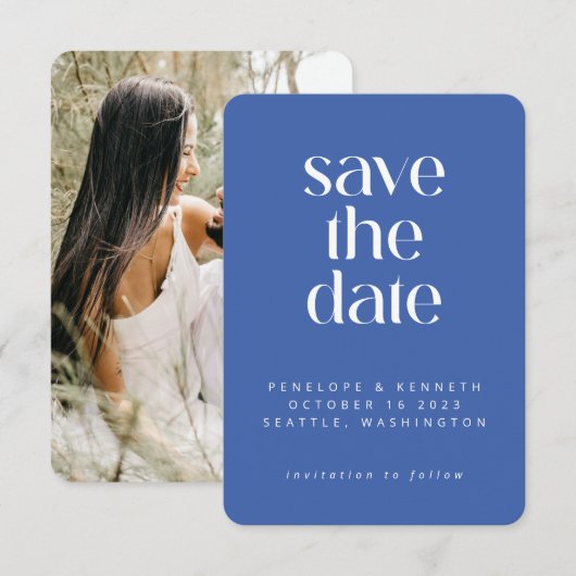 Moderne, minimale Ultramarine Blue Eenvoudige foto Save The Date (Voorkant / Achterkant)