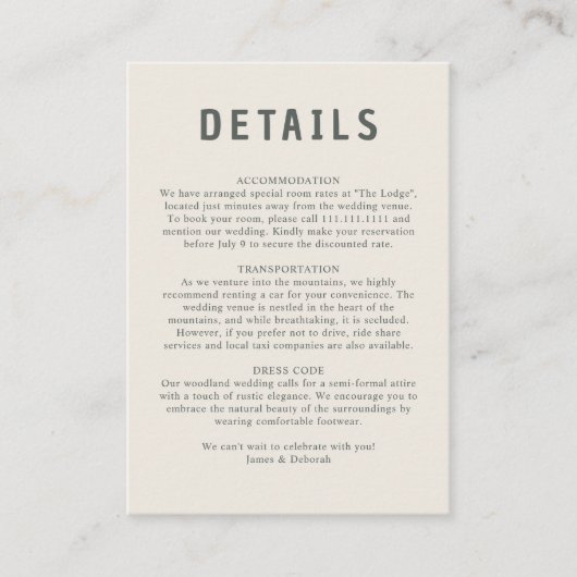 Moderne minimale varen botanische bossen bruiloft informatiekaartje (Voorkant)