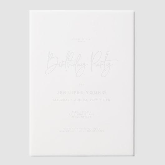 Moderne minimale verjaardag transparant vellum uitnodigingen (Voorkant)