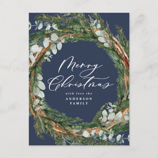 Moderne, minimale waterverf blauw kerstfeest feestdagenkaart (Voorkant)