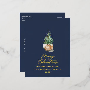 Moderne minimale waterverf blauwe kerstboom folie feestdagen briefkaart