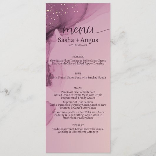 Moderne, minimale Waterverf Gold Glitter Wedding Menu (Voorkant)