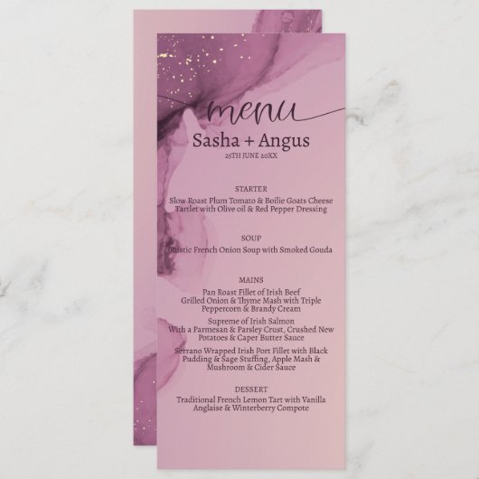 Moderne, minimale Waterverf Gold Glitter Wedding Menu (Voorkant / Achterkant)