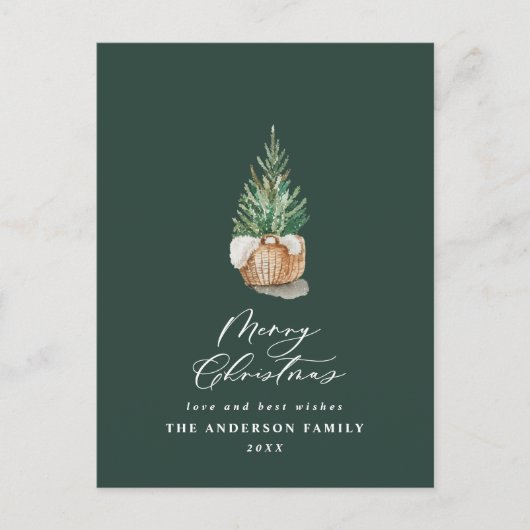 Moderne minimale waterverf groene kerstboom feestdagenkaart (Voorkant)