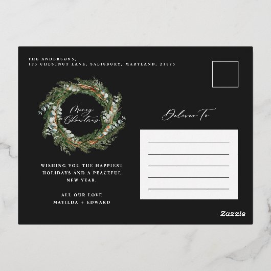 Moderne, minimale waterverf met zwarte kerst folie feestdagen briefkaart (Achterkant)