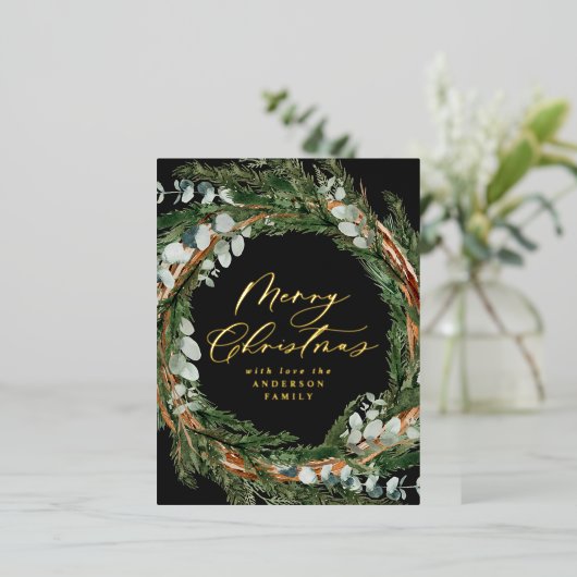 Moderne, minimale waterverf met zwarte kerst folie feestdagen briefkaart (Staand Voorkant)