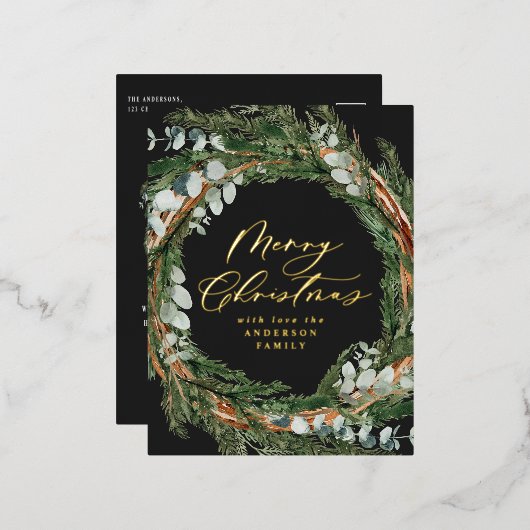 Moderne, minimale waterverf met zwarte kerst folie feestdagen briefkaart (Voorkant / Achterkant)