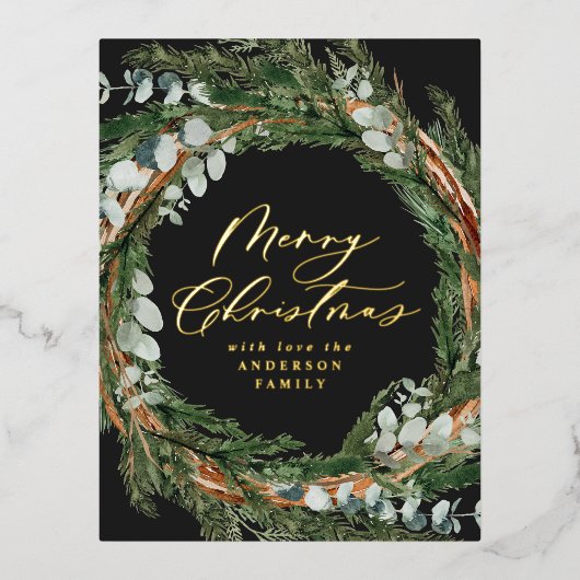 Moderne, minimale waterverf met zwarte kerst folie feestdagen briefkaart (Voorkant)
