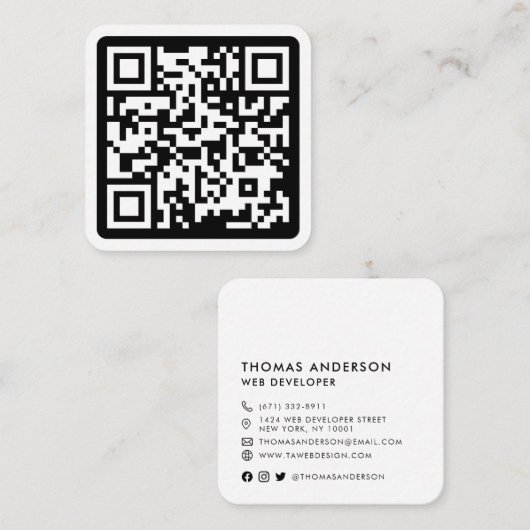 Moderne minimale witte aangepaste QR-code sociale  Vierkante Visitekaartje (Voorkant / Achterkant)