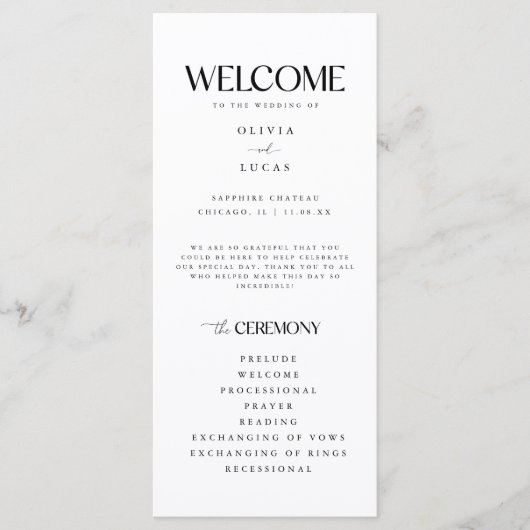 Moderne & minimale witte bruiloft programmakaart (Voorkant)