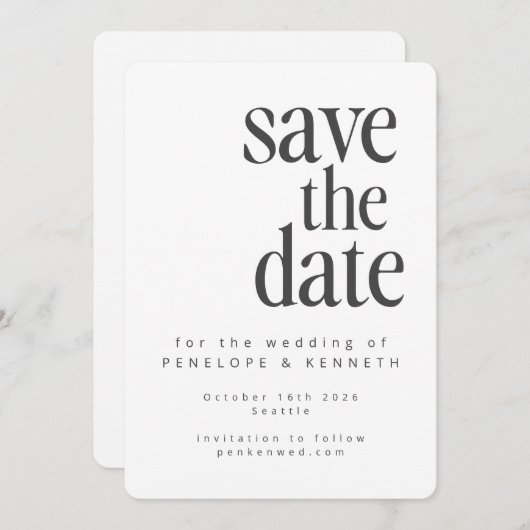 Moderne, minimale witte, eenvoudige bruiloft save the date (Voorkant / Achterkant)