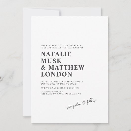 Moderne, minimale witte en zwarte bruiloft kaart (Voorkant)