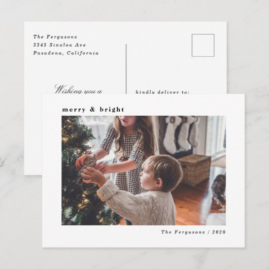 Moderne, minimale witte kerstfeestelijke fotokaart briefkaart (Voorkant / Achterkant)