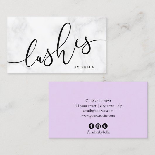 Moderne minimale witte marmer en paarse zweepslage visitekaartje (Voorkant / Achterkant)