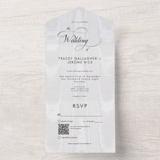 Moderne minimale witte satijnen taffeta QR-code All In One Uitnodiging (Binnen)