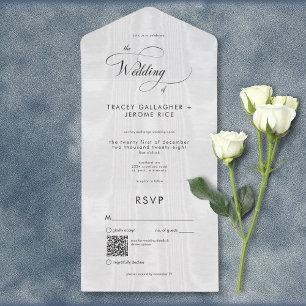 Moderne minimale witte satijnen taffeta QR-code All In One Uitnodiging