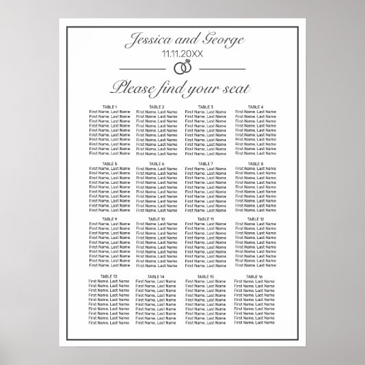 Moderne minimale witte zittingsgrafiek 16 tabellen poster (Voorkant)