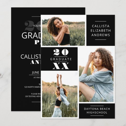 Moderne minimale witte zwarte foto-raster Afstuder Kaart (Voorkant / Achterkant)